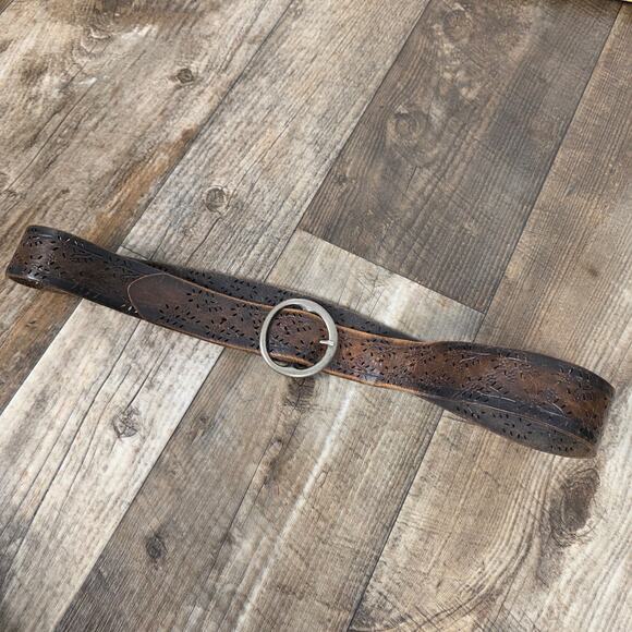 Vibtage Brown Leather Distressed Floral Cutout Belt Western Boho main image 6